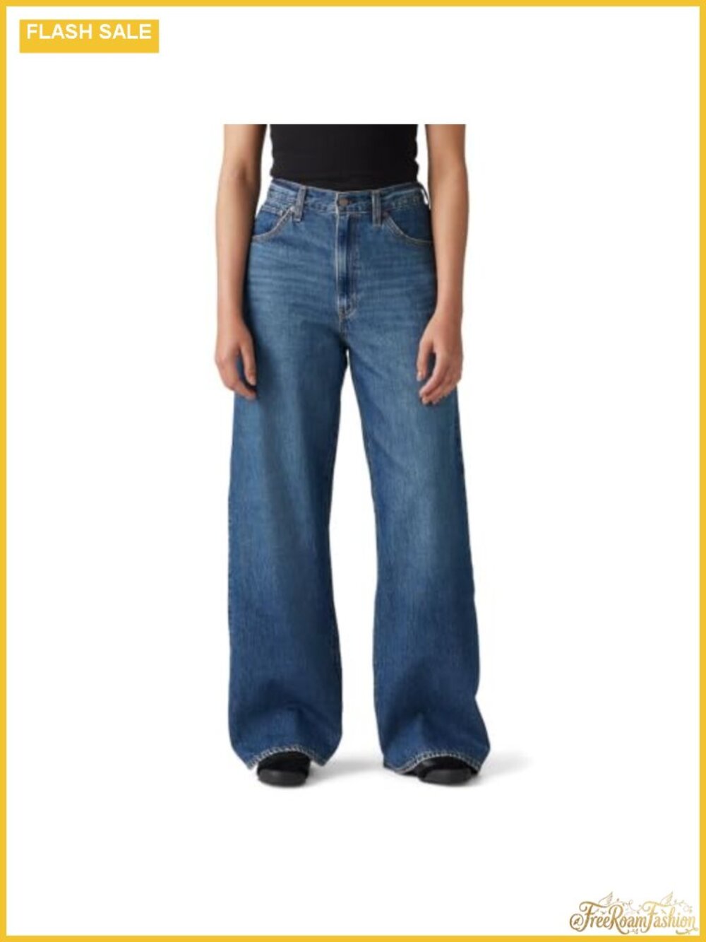 High Rise Wide Leg Baggy Jeans Non-Stretch Cotton Adjustable Waist